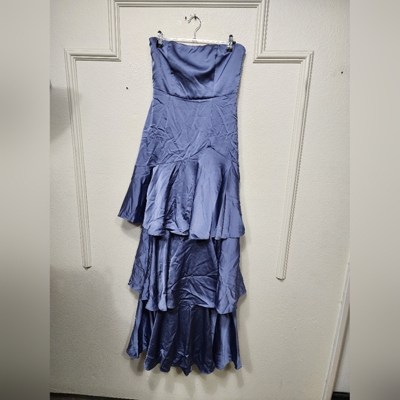 Lulus Blissfully Beautiful Slate Satin Strapless Tiered Maxi Dress Wedding Party - Picture 6 of 8